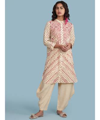 Ecru Printed Cotton 3/4 Sleeves Kurta 1
