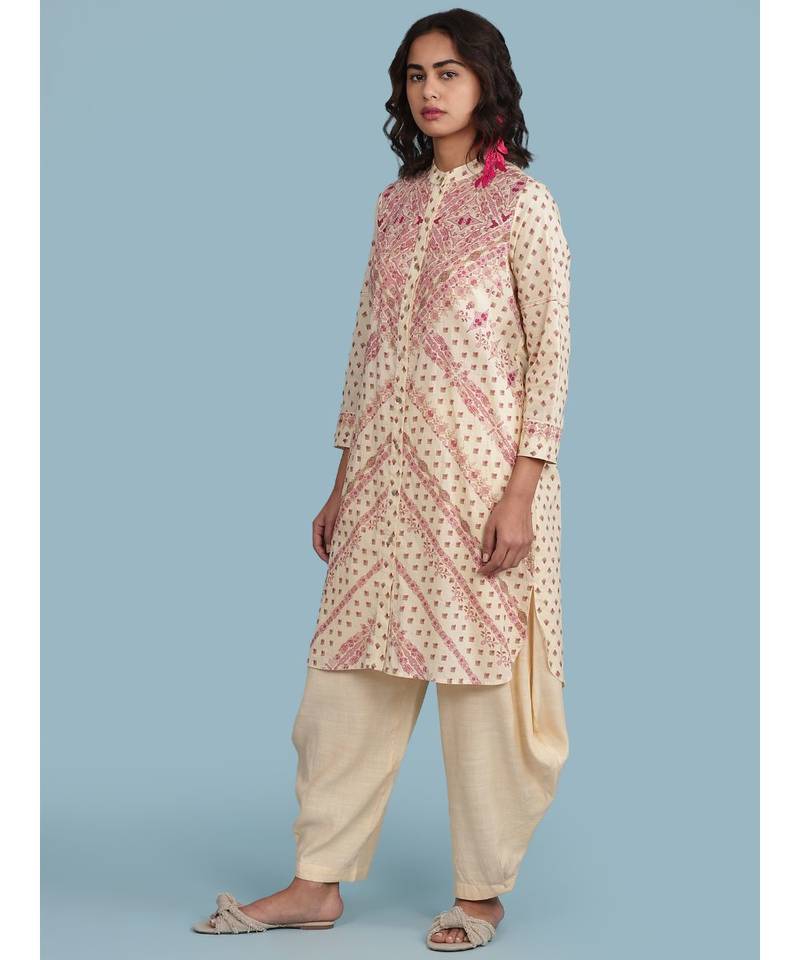 Ecru Printed Cotton 3/4 Sleeves Kurta
