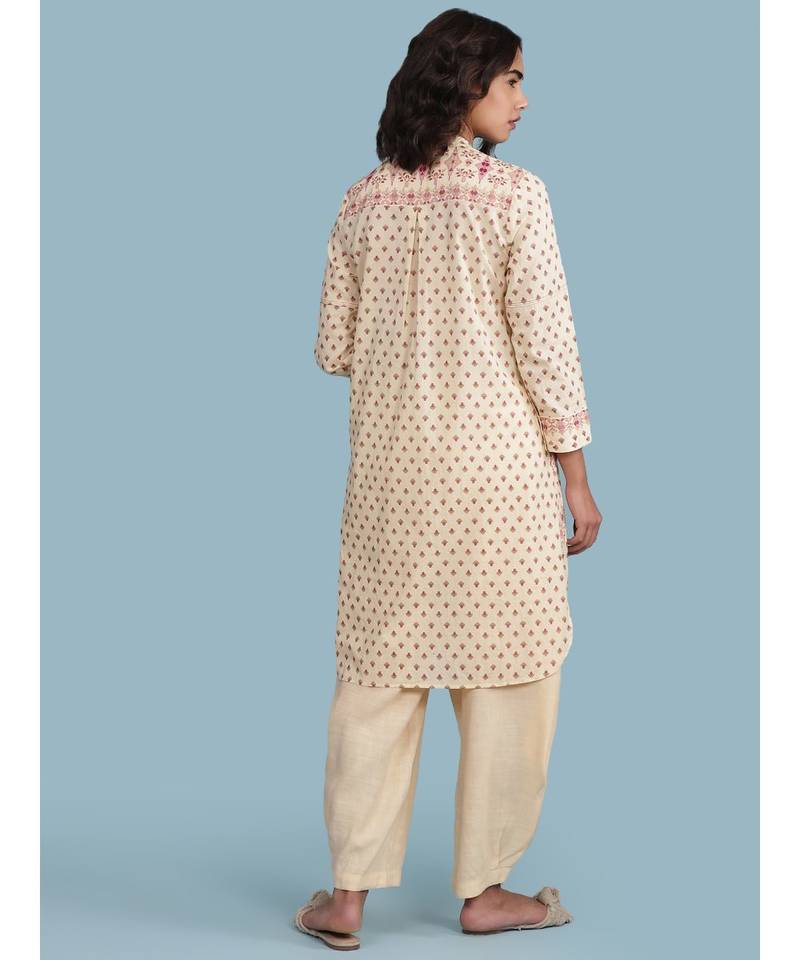 Ecru Printed Cotton 3/4 Sleeves Kurta