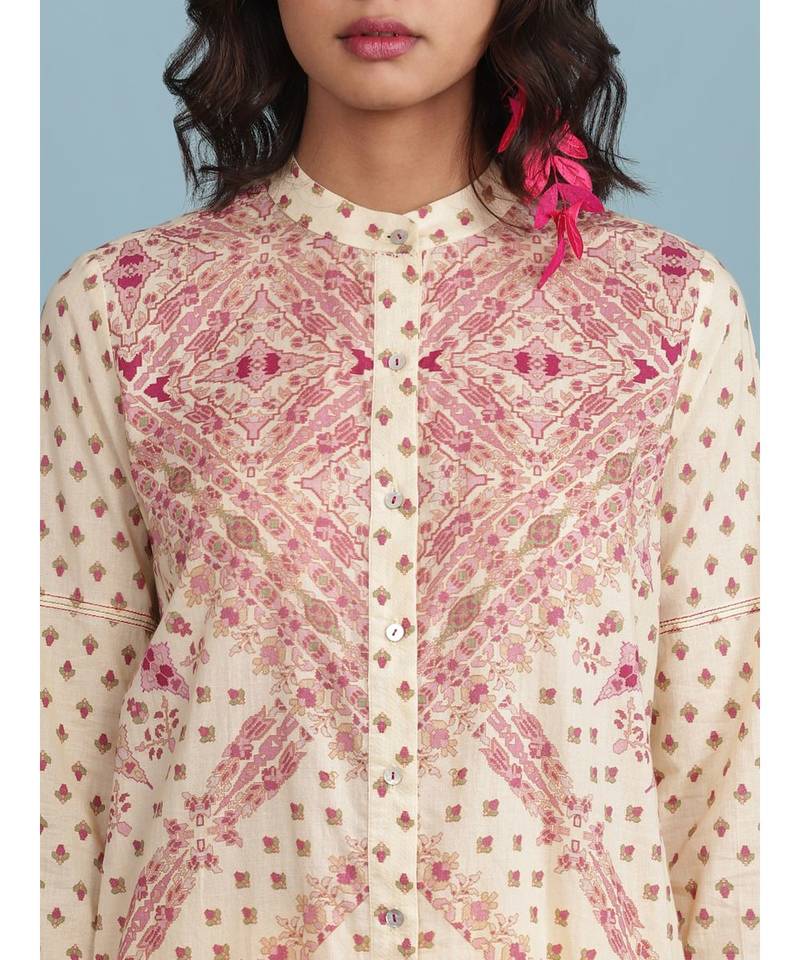 Ecru Printed Cotton 3/4 Sleeves Kurta