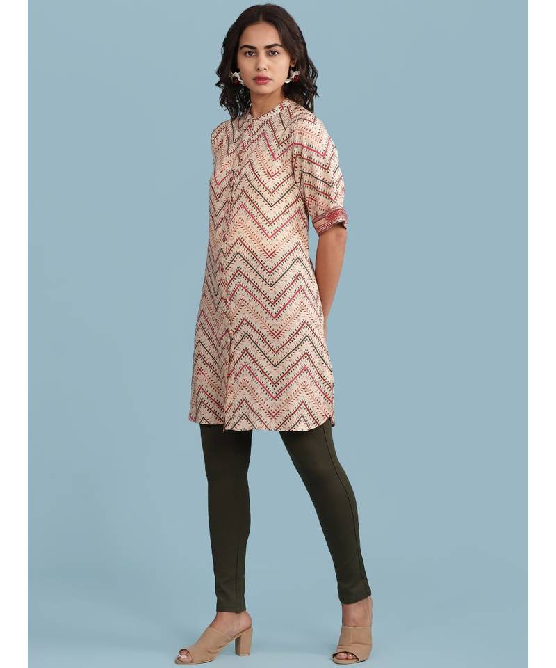 Ecru Geometric Print Short Sleeve Kurta