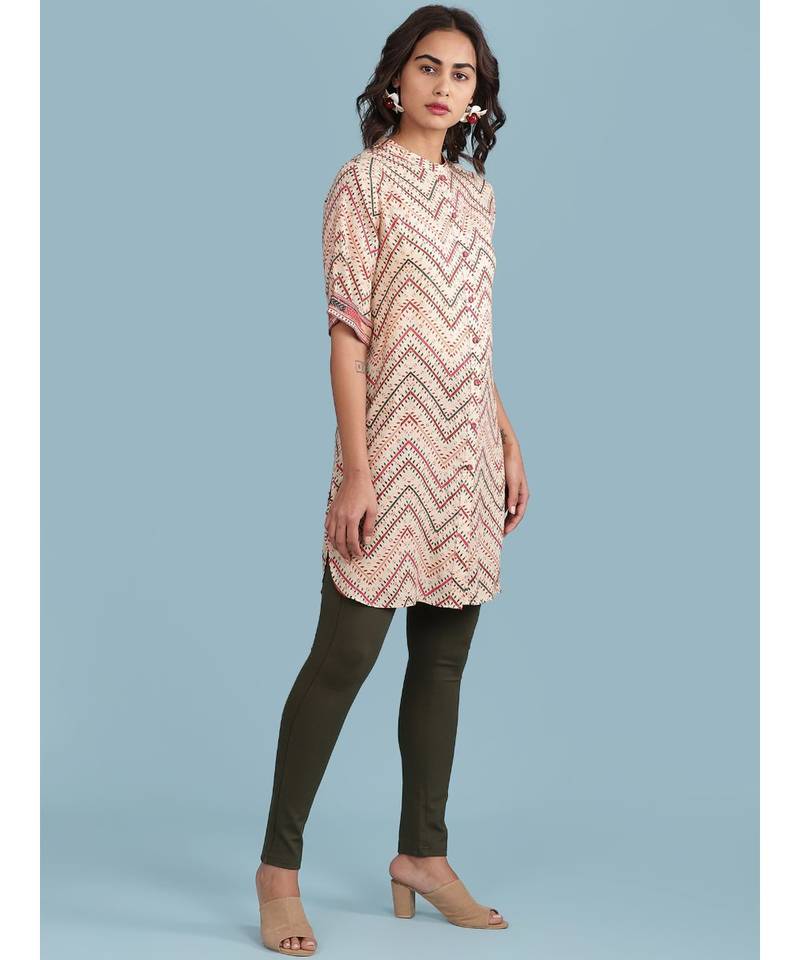 Ecru Geometric Print Short Sleeve Kurta