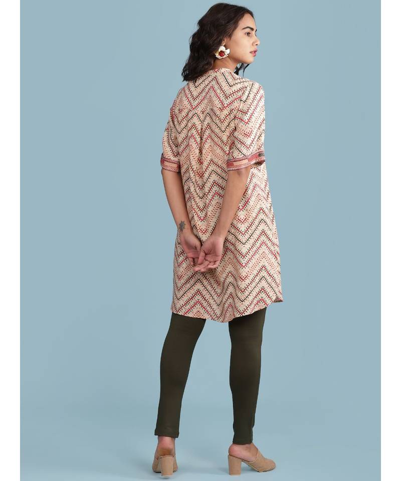 Ecru Geometric Print Short Sleeve Kurta