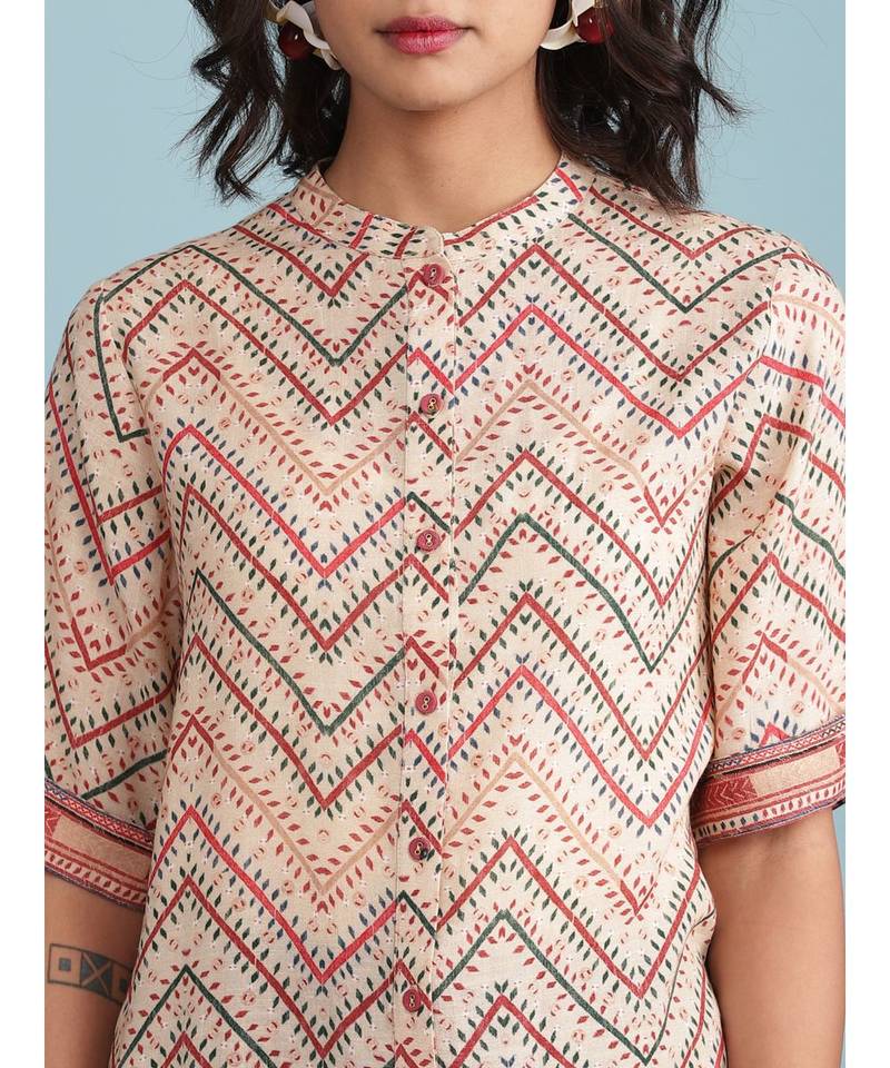 Ecru Geometric Print Short Sleeve Kurta