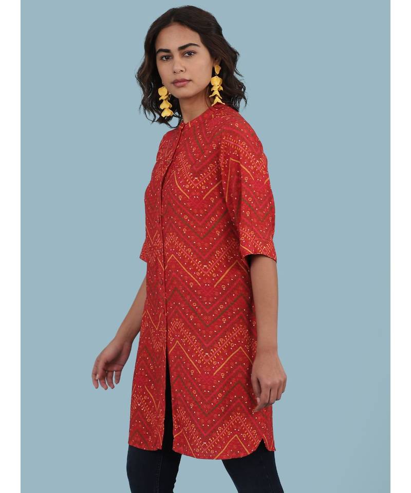 Rust Geometric Print Short Sleeve Kurta