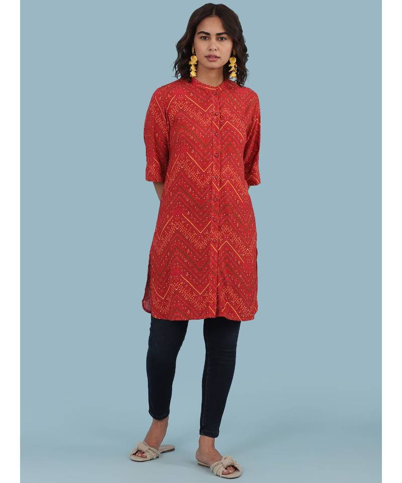 Rust Geometric Print Short Sleeve Kurta