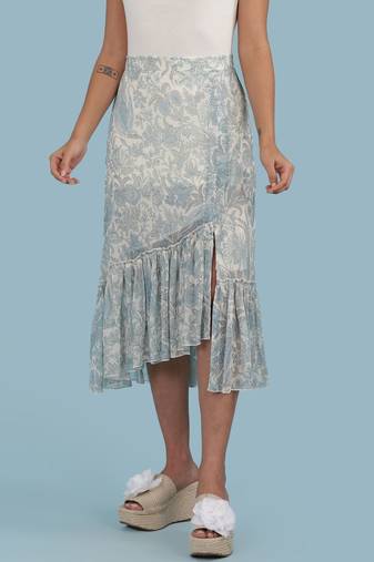 Ice Blue Floral Print Ruffle Skirt