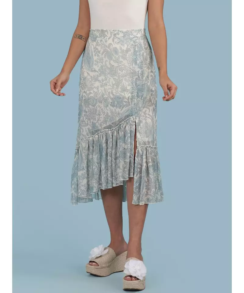 Ice Blue Floral Print Ruffle Skirt