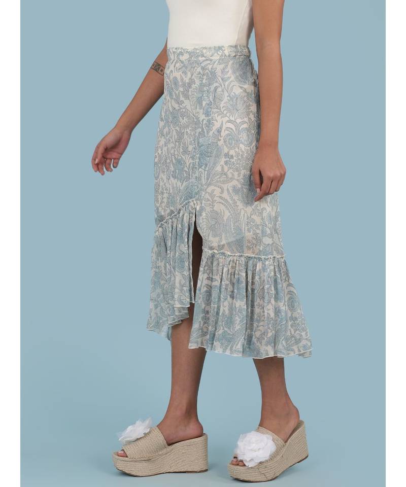 Ice Blue Floral Print Ruffle Skirt