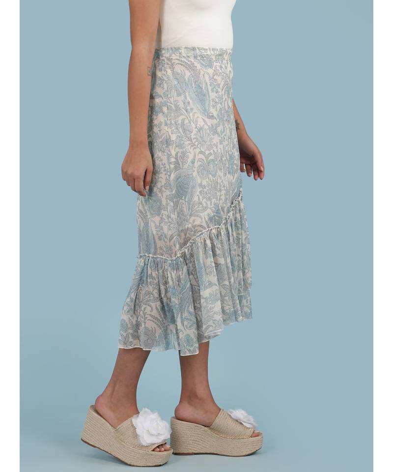 Ice Blue Floral Print Ruffle Skirt