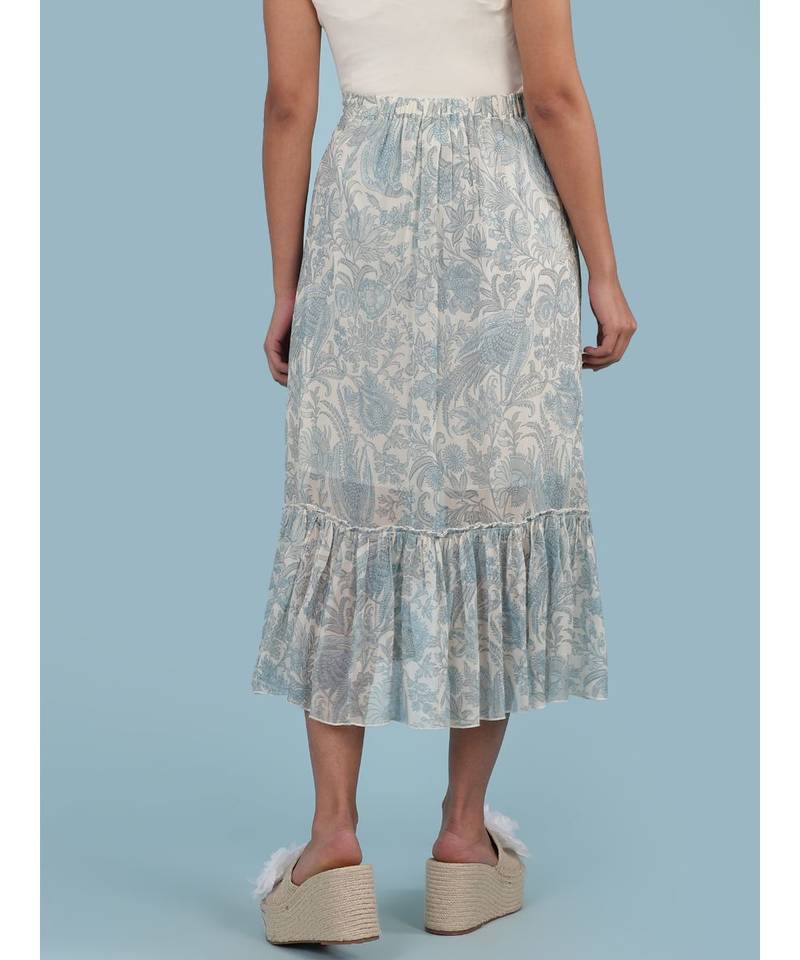 Ice Blue Floral Print Ruffle Skirt