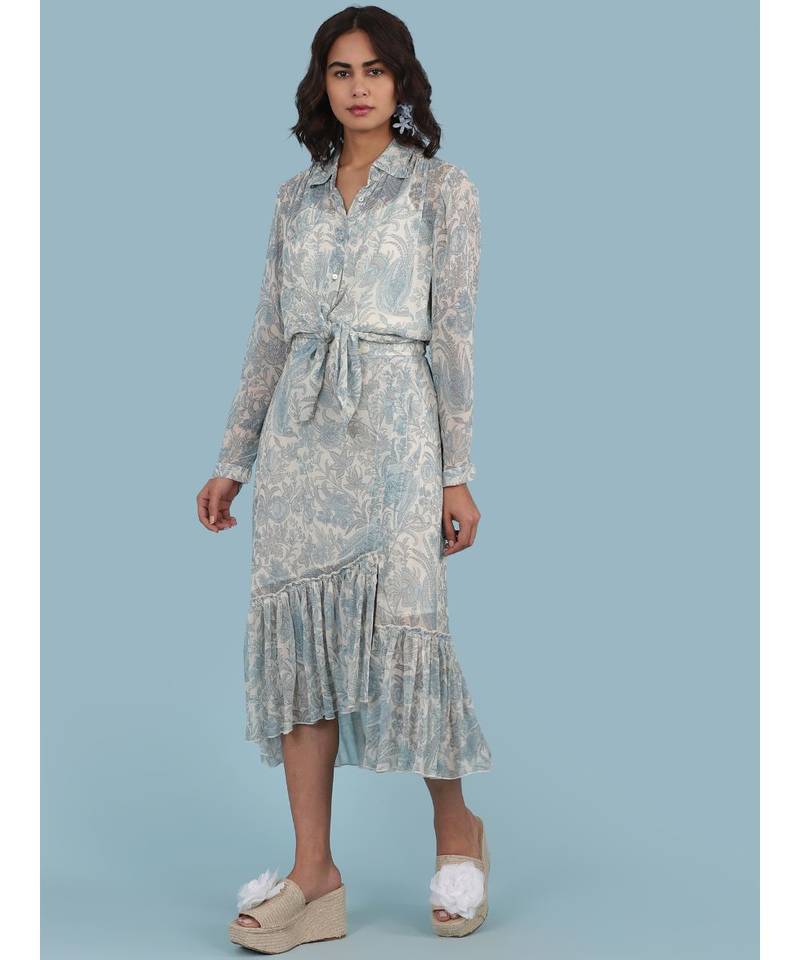 Ice Blue Floral Print Ruffle Skirt