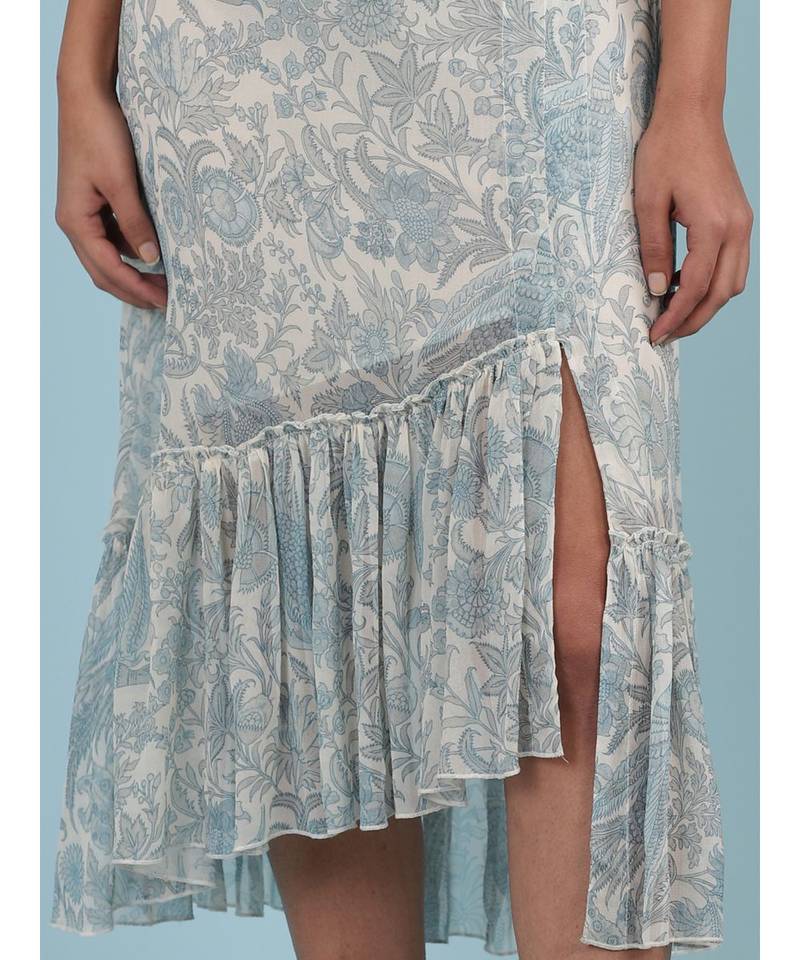 Ice Blue Floral Print Ruffle Skirt
