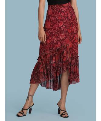 Burgundy Floral Print Ruffle Skirt 1