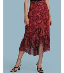 Burgundy Floral Print Ruffle Skirt