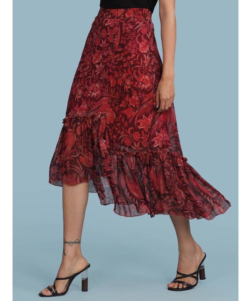 Burgundy Floral Print Ruffle Skirt