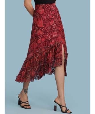 Burgundy Floral Print Ruffle Skirt 3