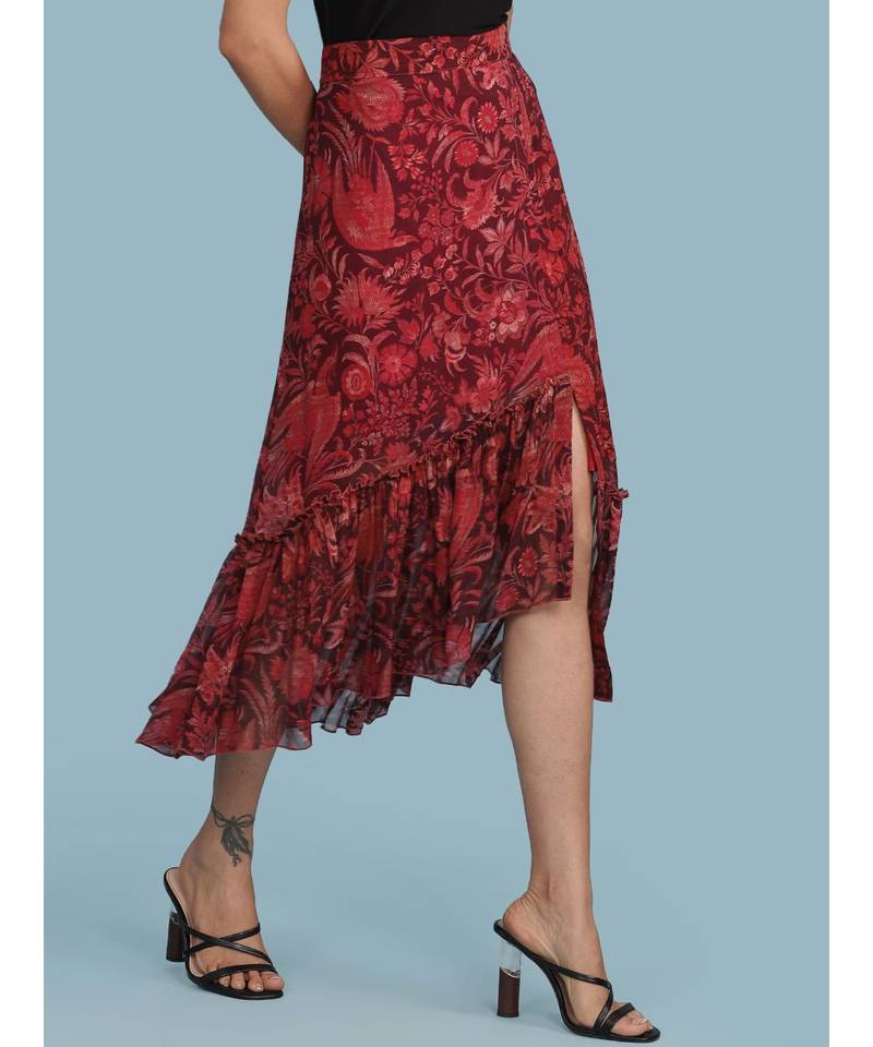 Burgundy Floral Print Ruffle Skirt