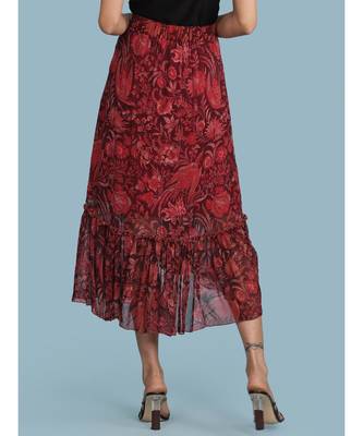 Burgundy Floral Print Ruffle Skirt 4