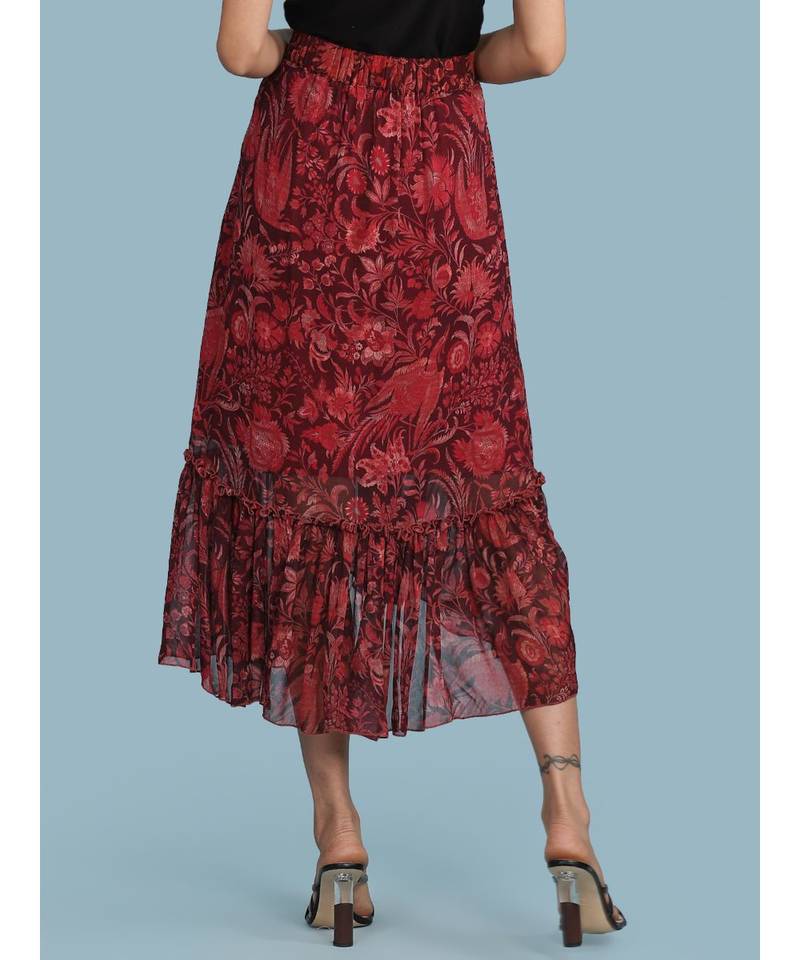 Burgundy Floral Print Ruffle Skirt