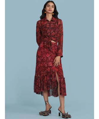 Burgundy Floral Print Ruffle Skirt 5