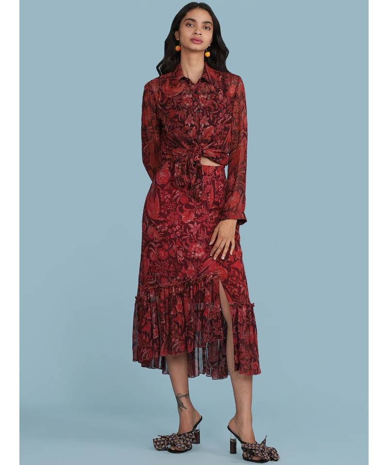 Burgundy Floral Print Ruffle Skirt