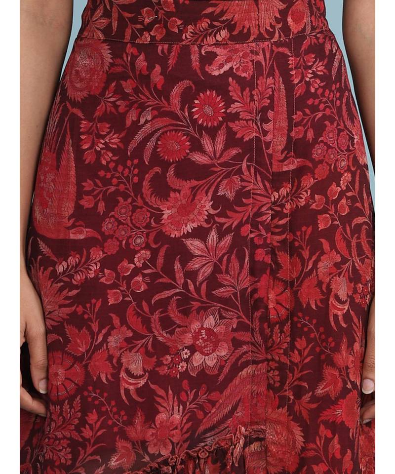 Burgundy Floral Print Ruffle Skirt