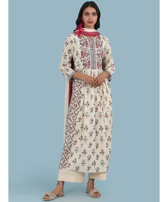 Off White Floral Print Kurta With Pant And Dupatta 1