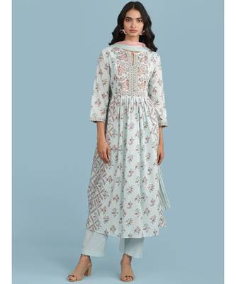 Powder Green Floral Print Kurta With Pant And Dupatta 1