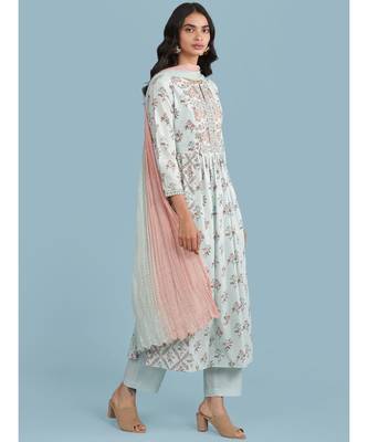 Powder Green Floral Print Kurta With Pant And Dupatta 3