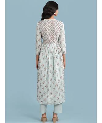 Powder Green Floral Print Kurta With Pant And Dupatta 4