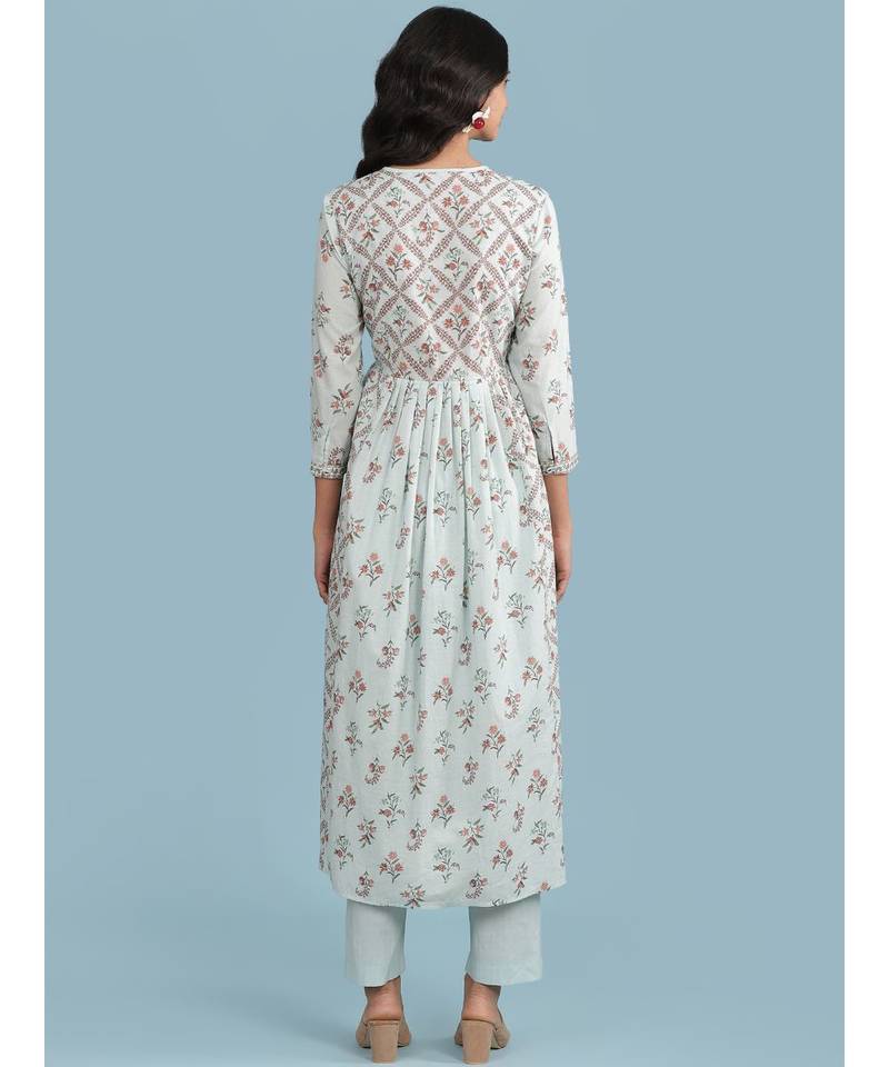 Powder Green Floral Print Kurta With Pant And Dupatta