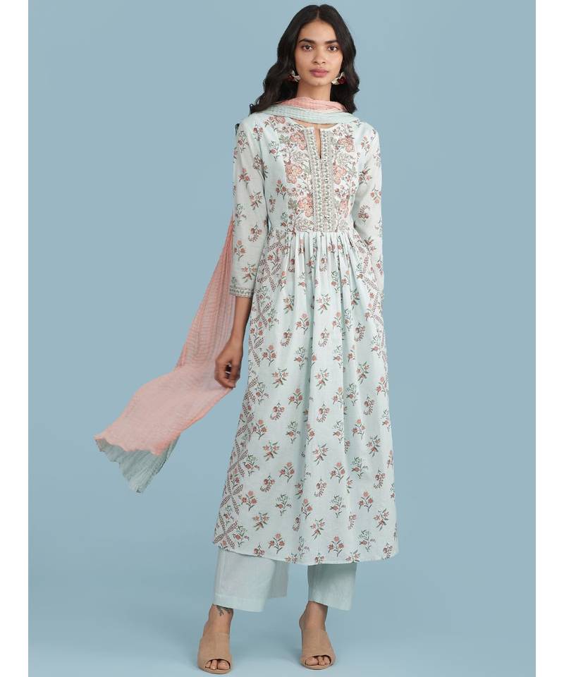 Powder Green Floral Print Kurta With Pant And Dupatta