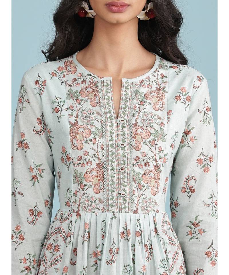 Powder Green Floral Print Kurta With Pant And Dupatta