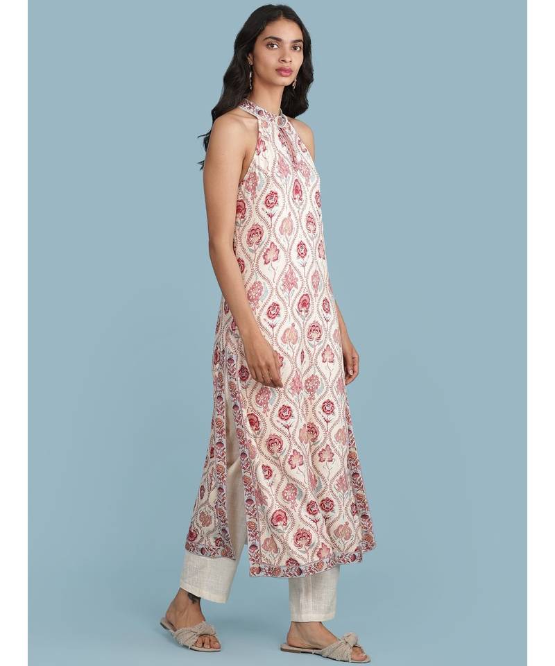 Off White Floral Print Kurta With Pant