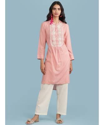 Pink Embroidered 3/4 Sleeve Kurta With Pant 1