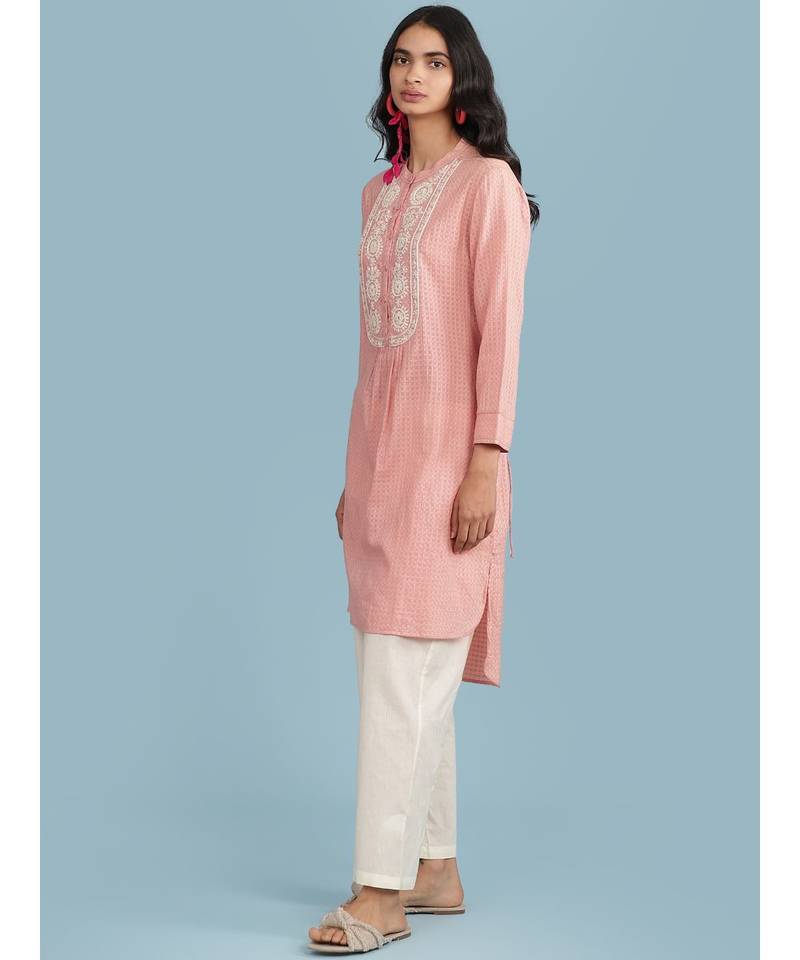 Pink Embroidered 3/4 Sleeve Kurta With Pant