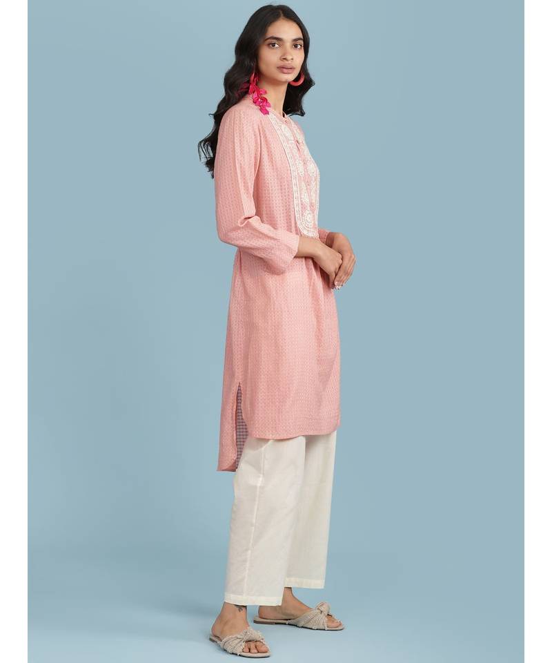 Pink Embroidered 3/4 Sleeve Kurta With Pant