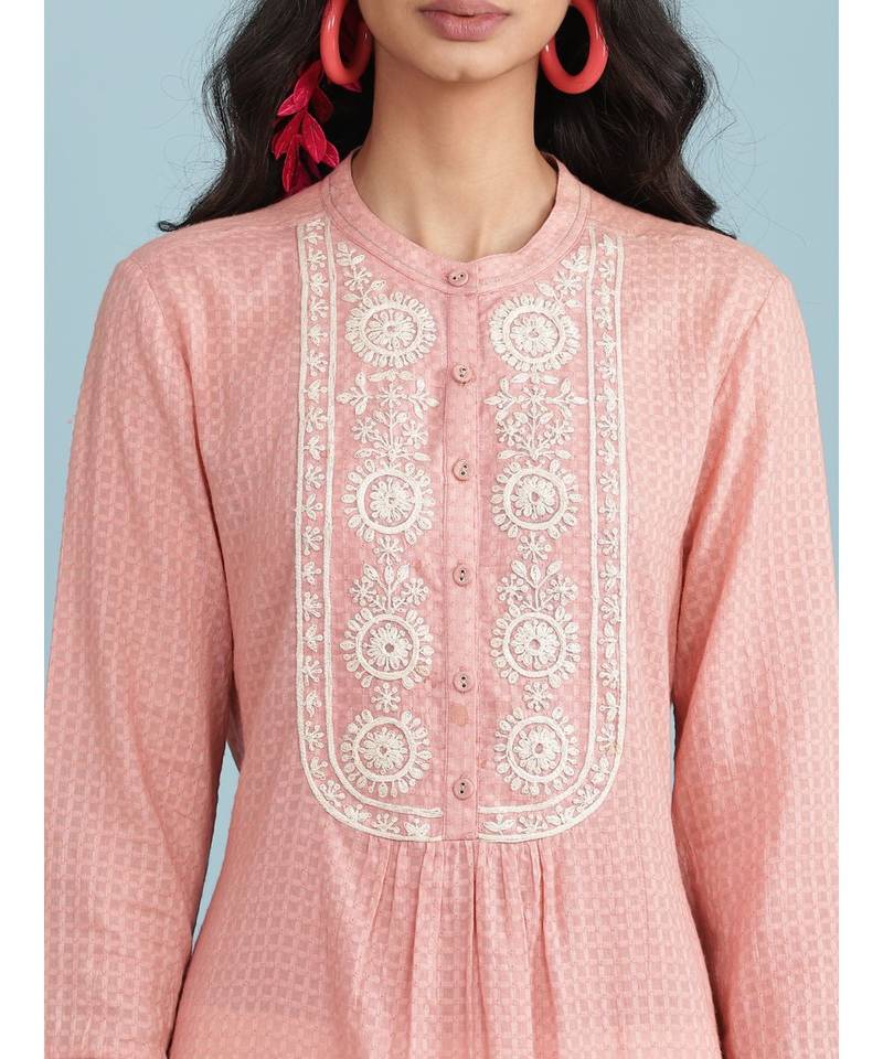Pink Embroidered 3/4 Sleeve Kurta With Pant