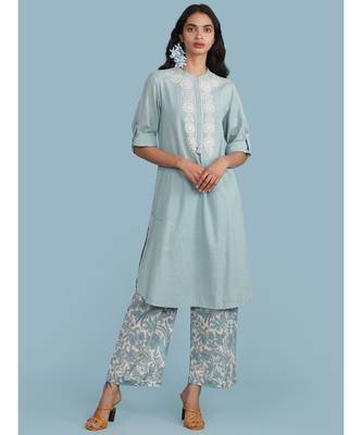 Ice Blue Embroidered 3/4 Sleeve Kurta With Printed Pants 1