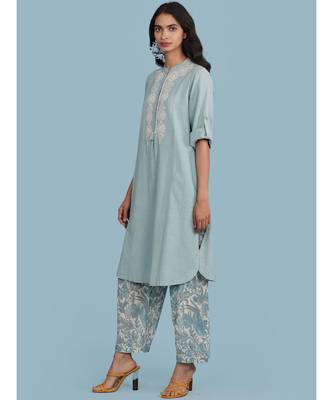 Ice Blue Embroidered 3/4 Sleeve Kurta With Printed Pants 2