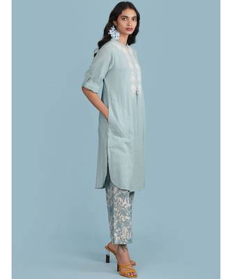 Ice Blue Embroidered 3/4 Sleeve Kurta With Printed Pants 3