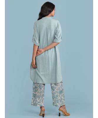 Ice Blue Embroidered 3/4 Sleeve Kurta With Printed Pants 4