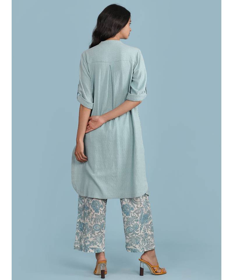 Ice Blue Embroidered 3/4 Sleeve Kurta With Printed Pants
