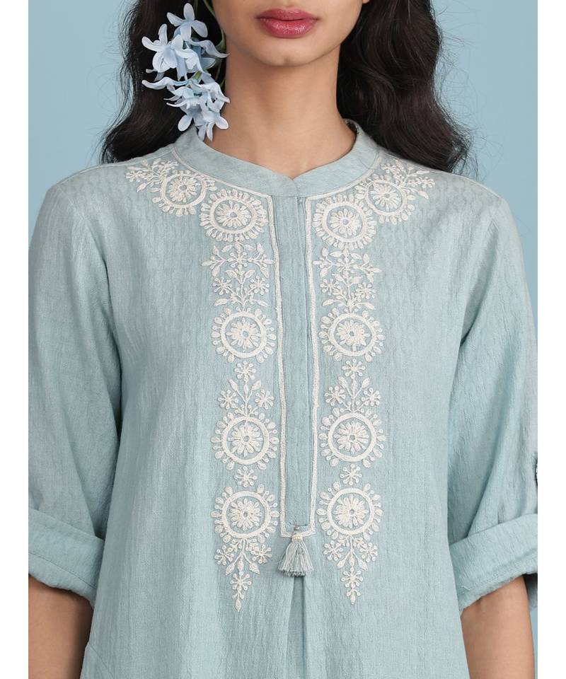 Ice Blue Embroidered 3/4 Sleeve Kurta With Printed Pants