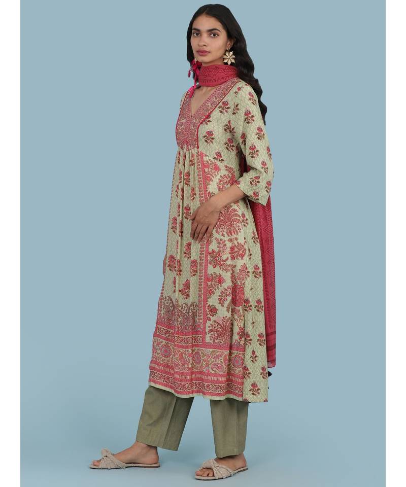 Green Floral Print Kurta With Bottom And Dupatta