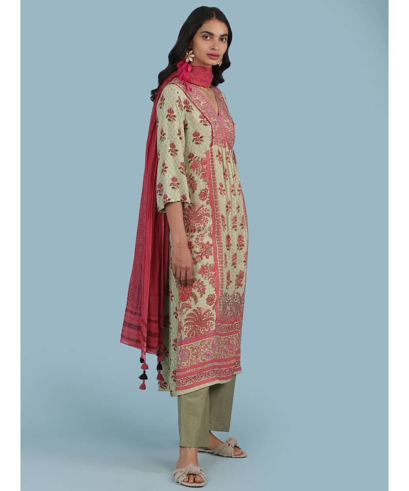 Green Floral Print Kurta With Bottom And Dupatta