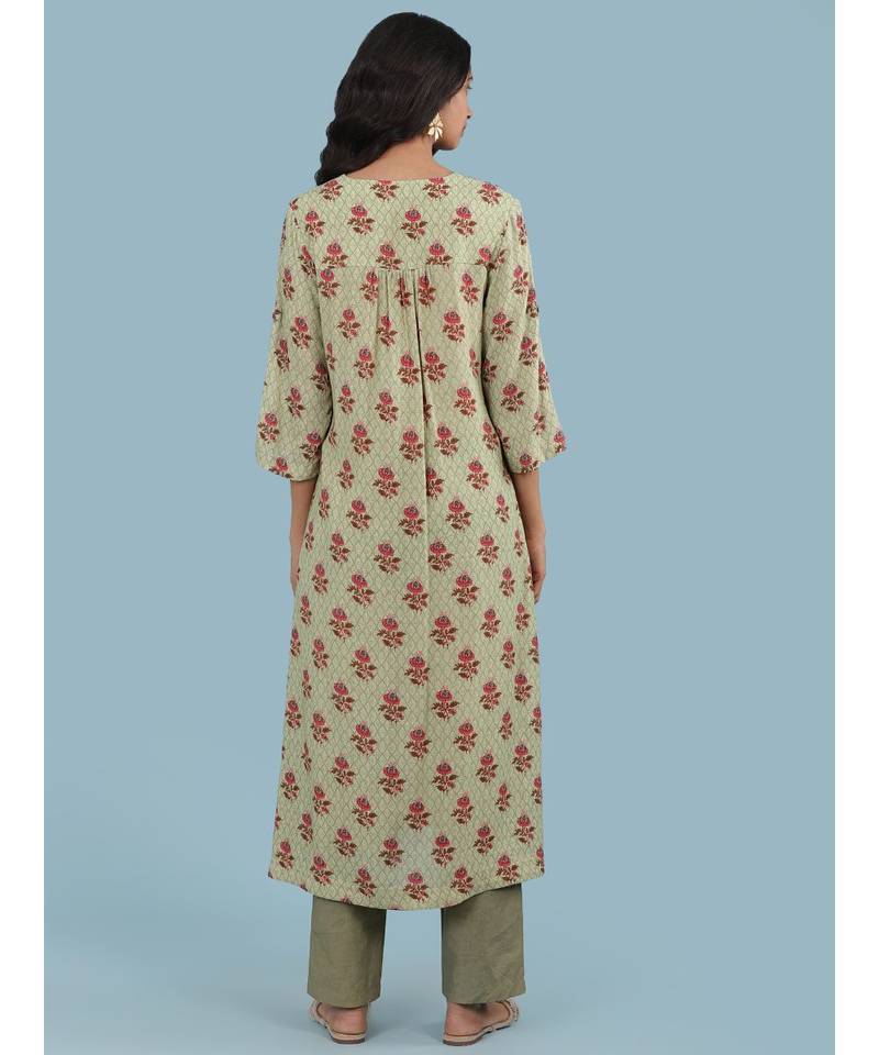 Green Floral Print Kurta With Bottom And Dupatta