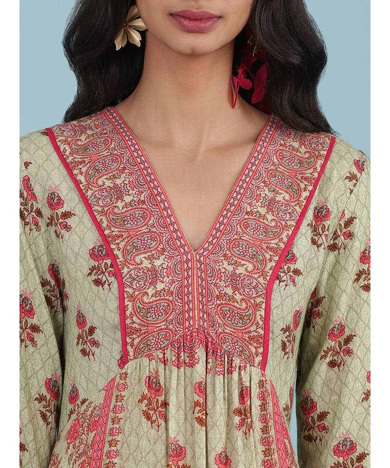 Green Floral Print Kurta With Bottom And Dupatta