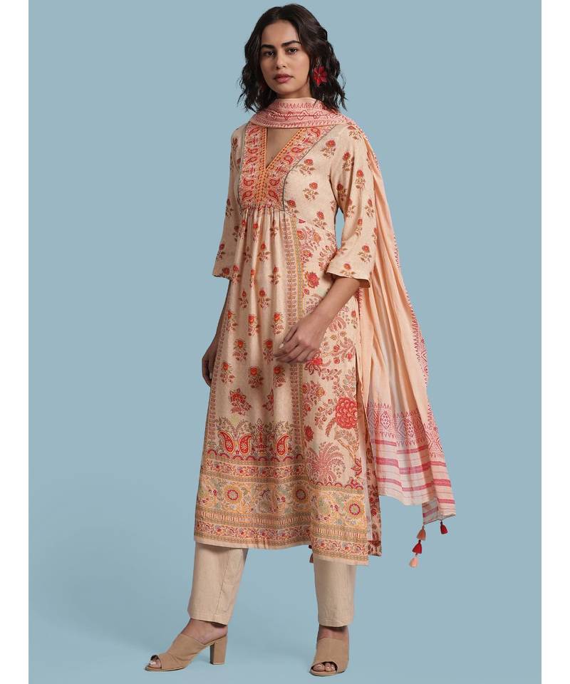 Peach Floral Print Kurta With Bottom And Dupatta